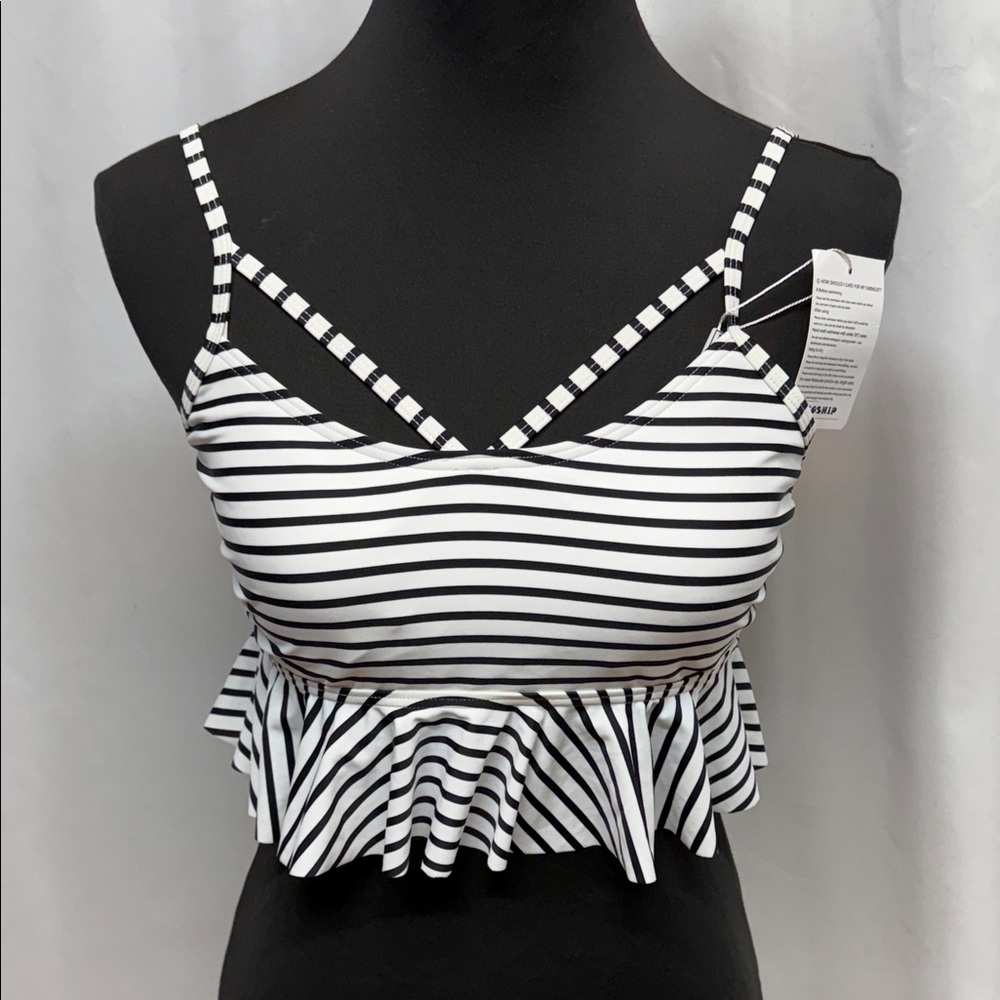 COCOSHIP Black White Striped Ruffle Bikini Top NWT Size 8 Swim